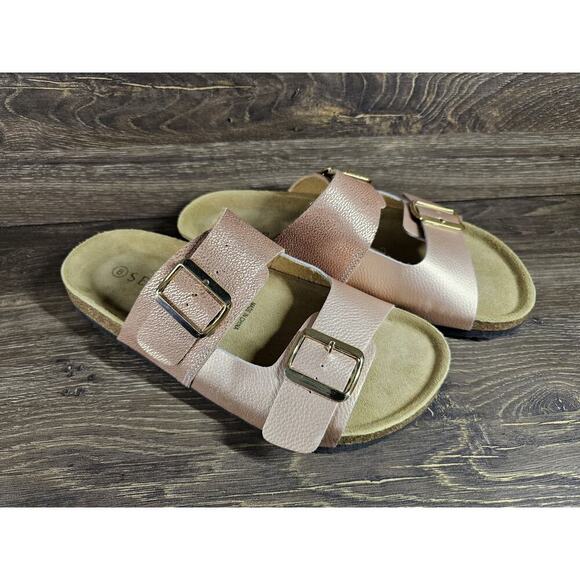 Womens SERRA Rose Gold LEATHER Side Buckle Sandals Shoes 8 Birk - Picture 1 of 7